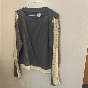 Gray and Cream Long Sleeve Top with Floral Accents